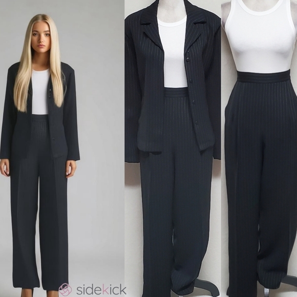 80s Vintage Victoria Morgan Black Dot Pinstripe Cropped Jacket Tapered Pants Set